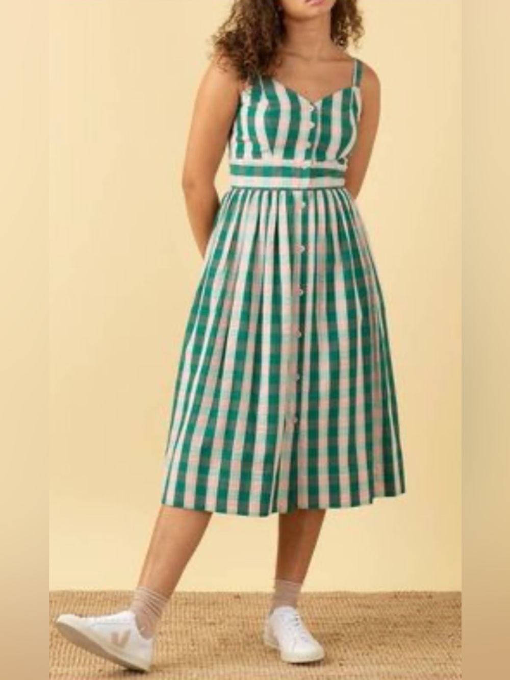 Emily and Fin Cotton Gingham Midi Dress Sleeveless XL Green Pink Button Front